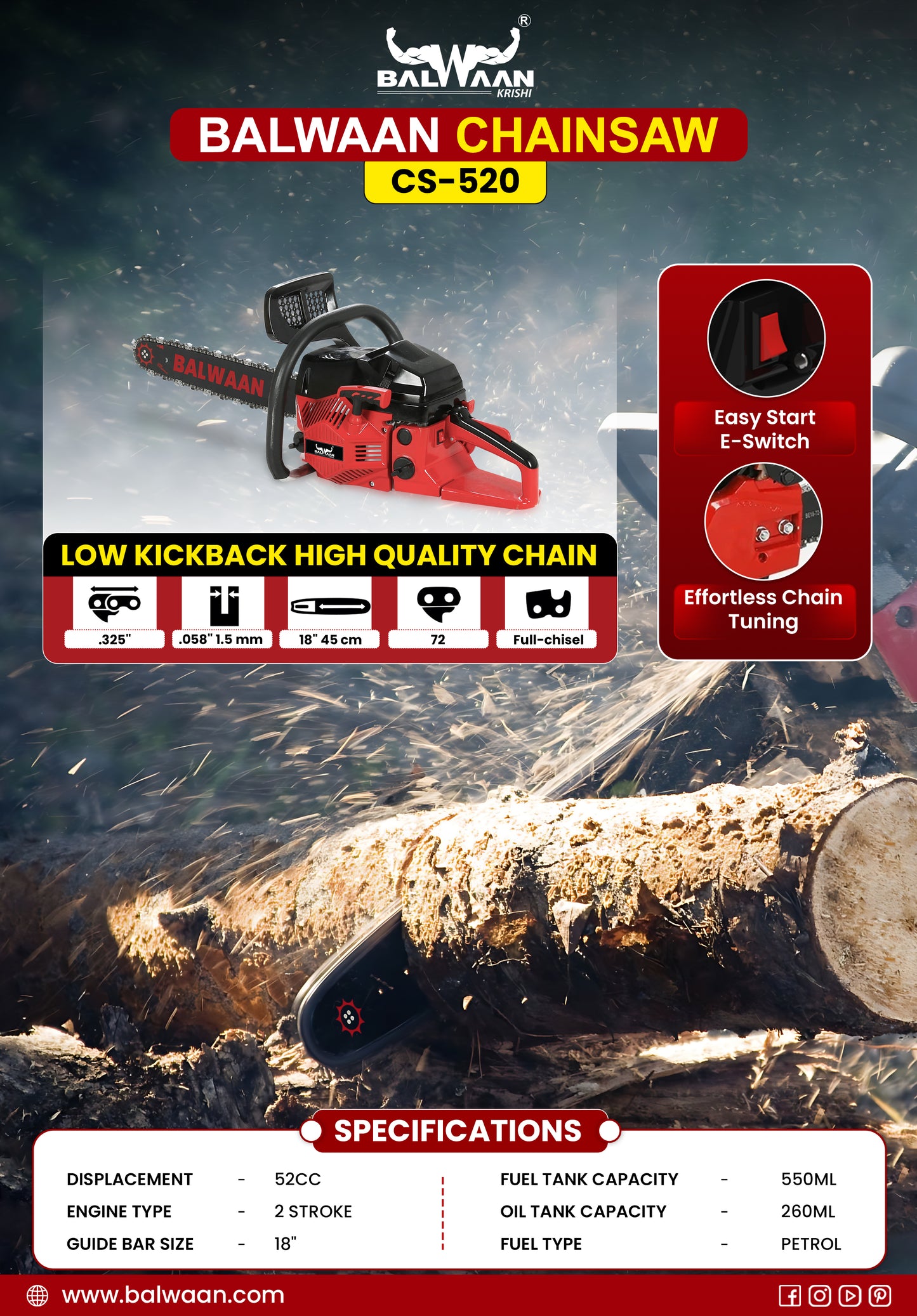 Balwaan Petrol Chainsaw| 52cc 2-Stroke Engine | 18 inch Guide Bar |CS-520