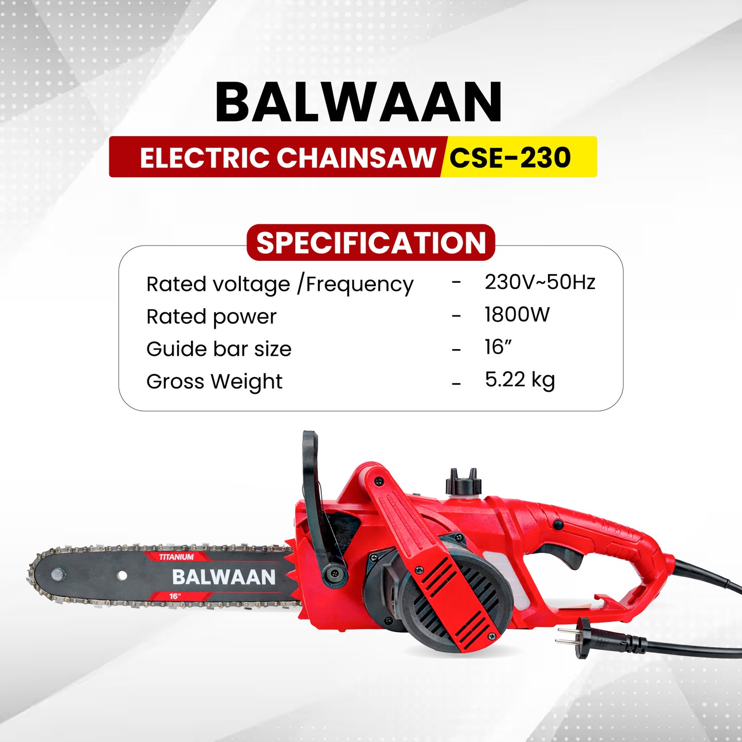 Balwaan Krishi Electric 16 Inch Chain Saw Machine for Wood Cutting | Heavy Duty Electric Chainsaw 1800W | High Power Tree & Wood Cutter for Gardening, Farm & Home Use | CSE-230