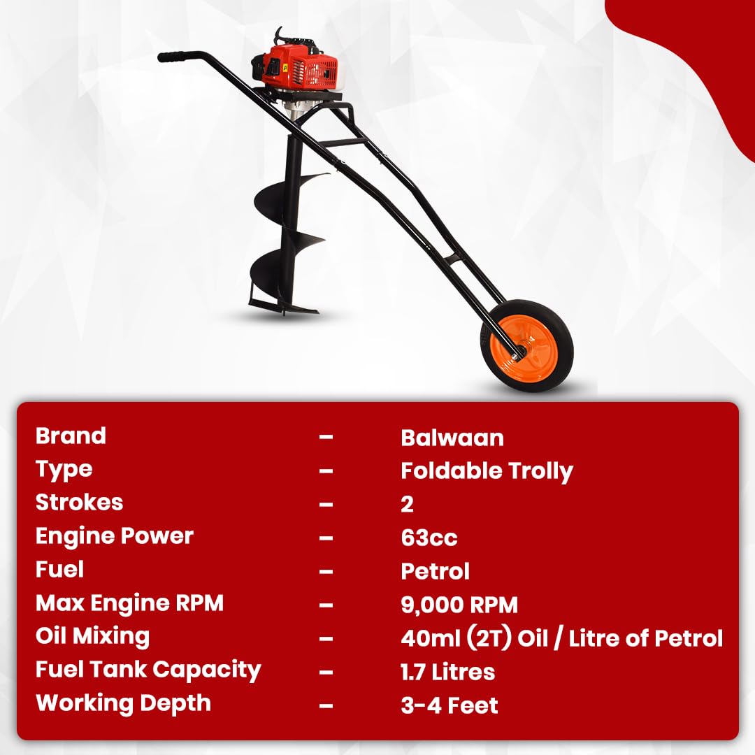 Balwaan Krishi Trolly Tree Planter 63cc 2 Stroke with 8 & 12 inch Planter, Trolley Design with Wheels for Convenient use, Free Engine Oil|BE-63T