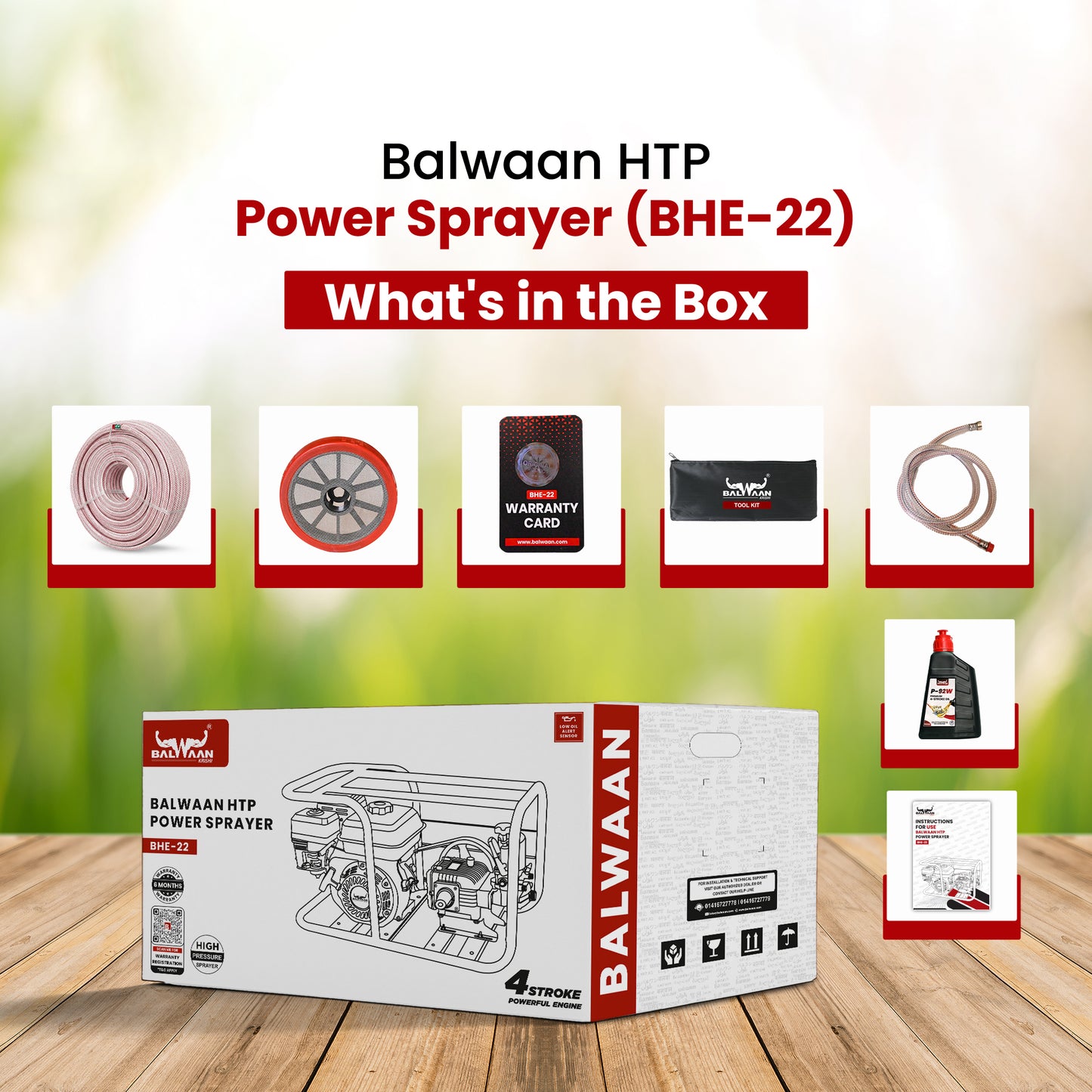 Balwaan Krishi BHE-22 Portable HTP Power Sprayer for Agriculture with 6.5 HP 4 Stroke Engine Suitable for Gardening, Agriculture Use, Get Free 50 meter Hose Pipe, 1 Engine Oil Bottle|BHE 22