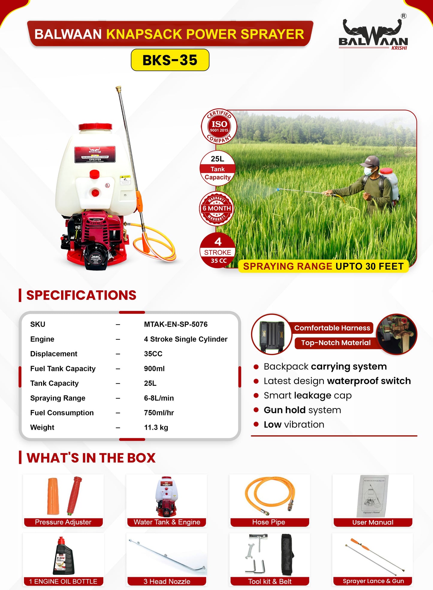 Balwaan Petrol Knapsack Sprayer 35CC 4-Stroke, 25L Tank Capacity BKS-35