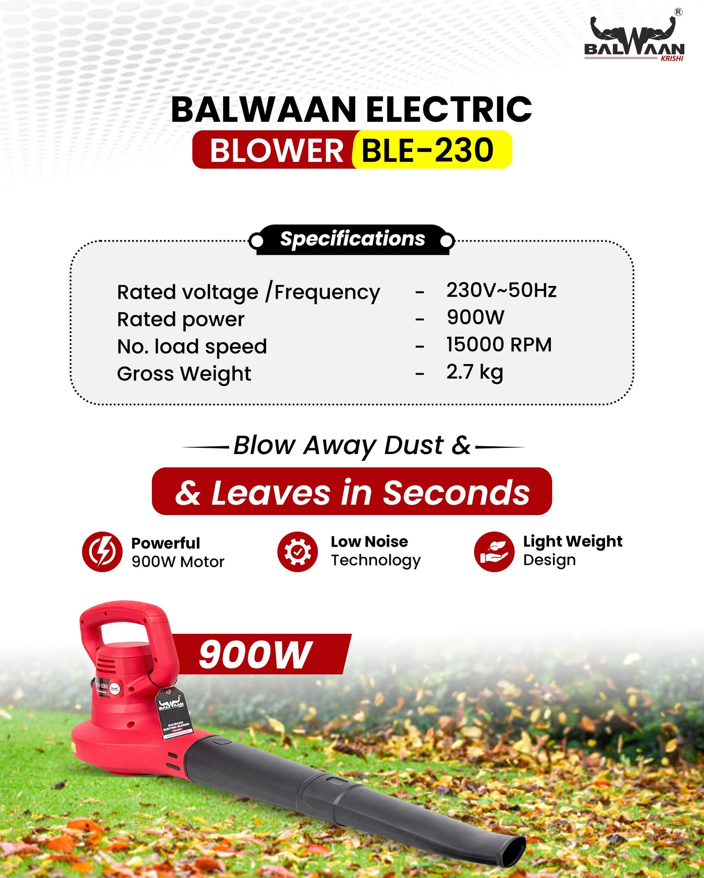 Balwaan Krishi Heavy Duty Electric Blower Machine 900W | 300 km/h High-Speed Air Blower | Ideal for Leaf Blowing & Dust Cleaning for Car, PC, Home & Electronic Equipment | BLE-230