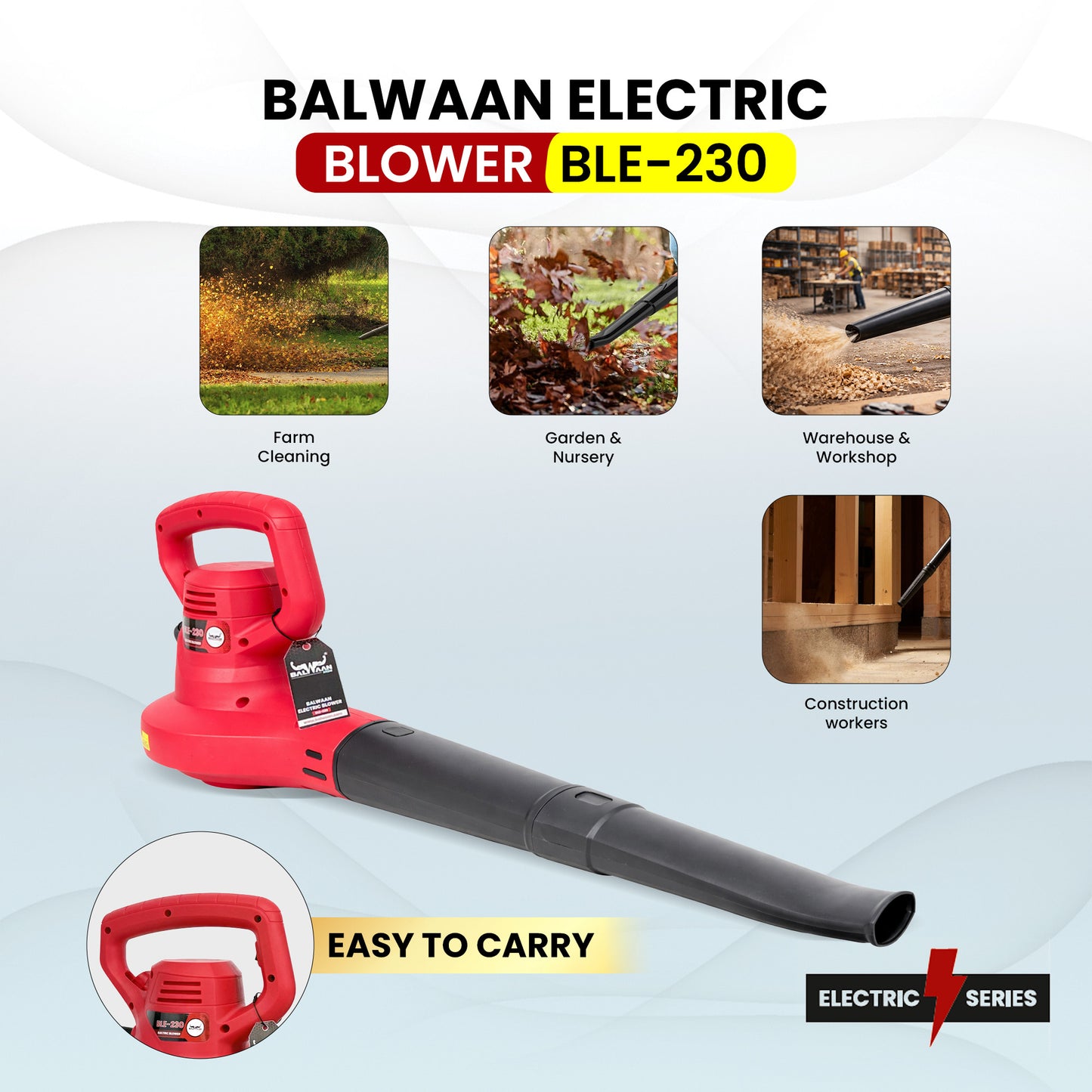 Balwaan Krishi Heavy Duty Electric Blower Machine 900W | 300 km/h High-Speed Air Blower | Ideal for Leaf Blowing & Dust Cleaning for Car, PC, Home & Electronic Equipment | BLE-230