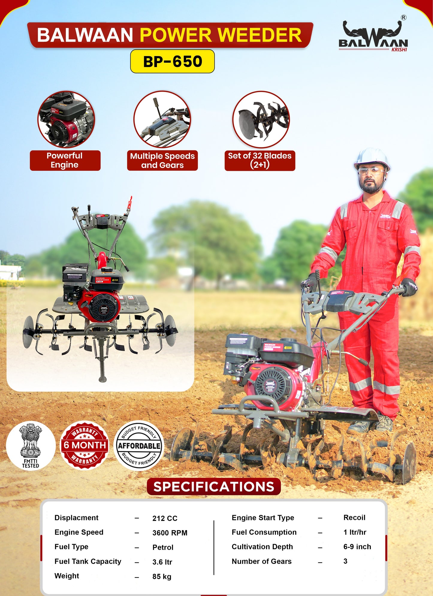 Balwaan Krishi with 212cc 4-Stroke Power Weeder |BP-650