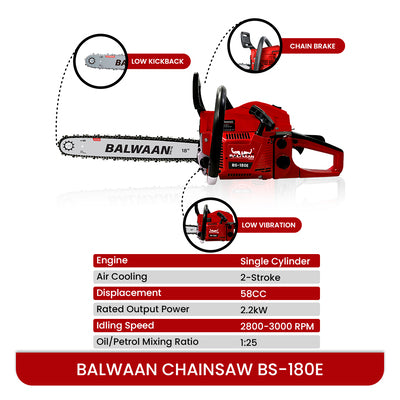 Balwaan Petrol Chainsaw BS-180E Eco 58cc 18 Inches