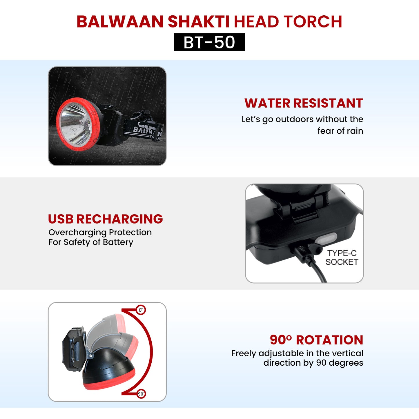 Balwaan Krishi Rechargeable LED Headlight Torch with Three Adjustable Light Modes & Blinking Feature Used in Agriculture, Camping, Fishing, Hiking. Water-Resistant Ideal for Outdoor Activities|BT-50