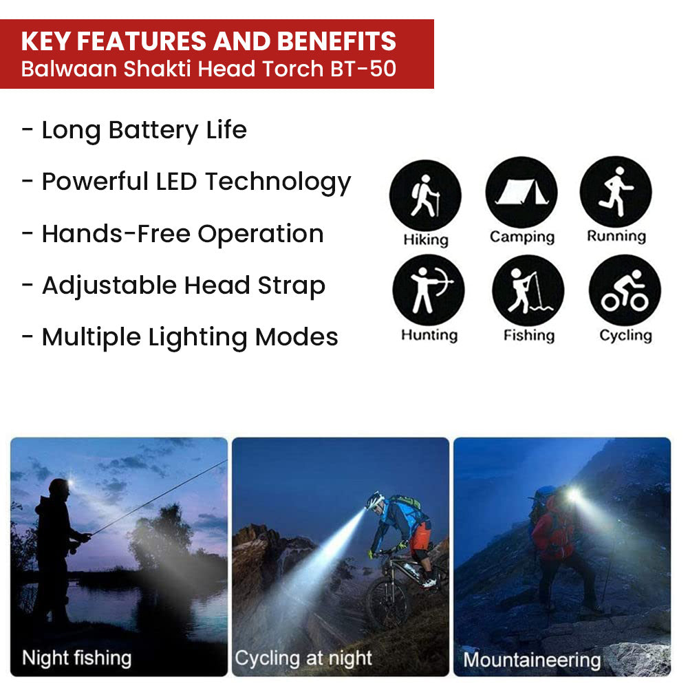 Balwaan Krishi Rechargeable LED Headlight Torch with Three Adjustable Light Modes & Blinking Feature Used in Agriculture, Camping, Fishing, Hiking. Water-Resistant Ideal for Outdoor Activities|BT-50