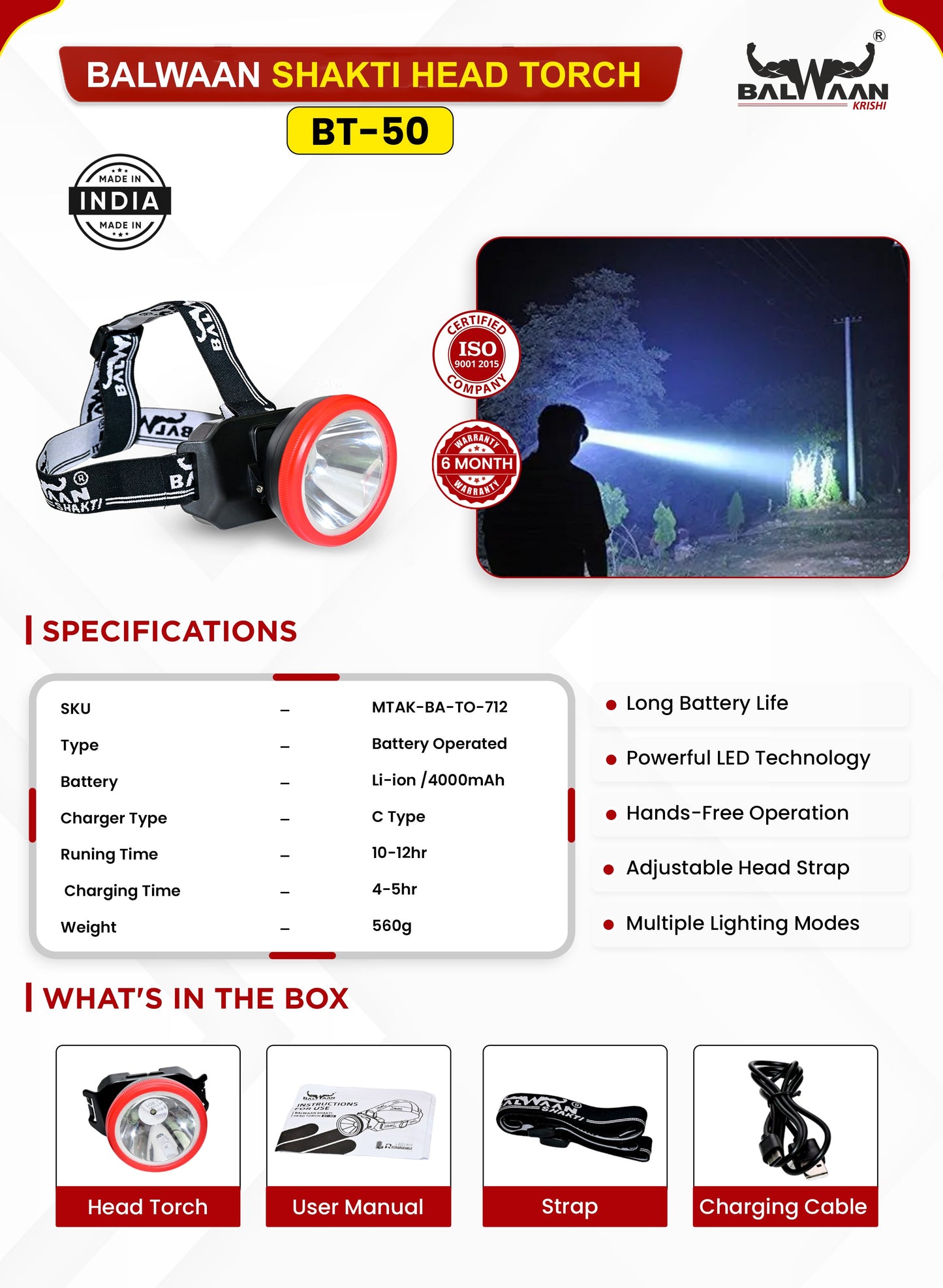 Balwaan Krishi Rechargeable LED Headlight Torch with Three Adjustable Light Modes & Blinking Feature Used in Agriculture, Camping, Fishing, Hiking. Water-Resistant Ideal for Outdoor Activities|BT-50