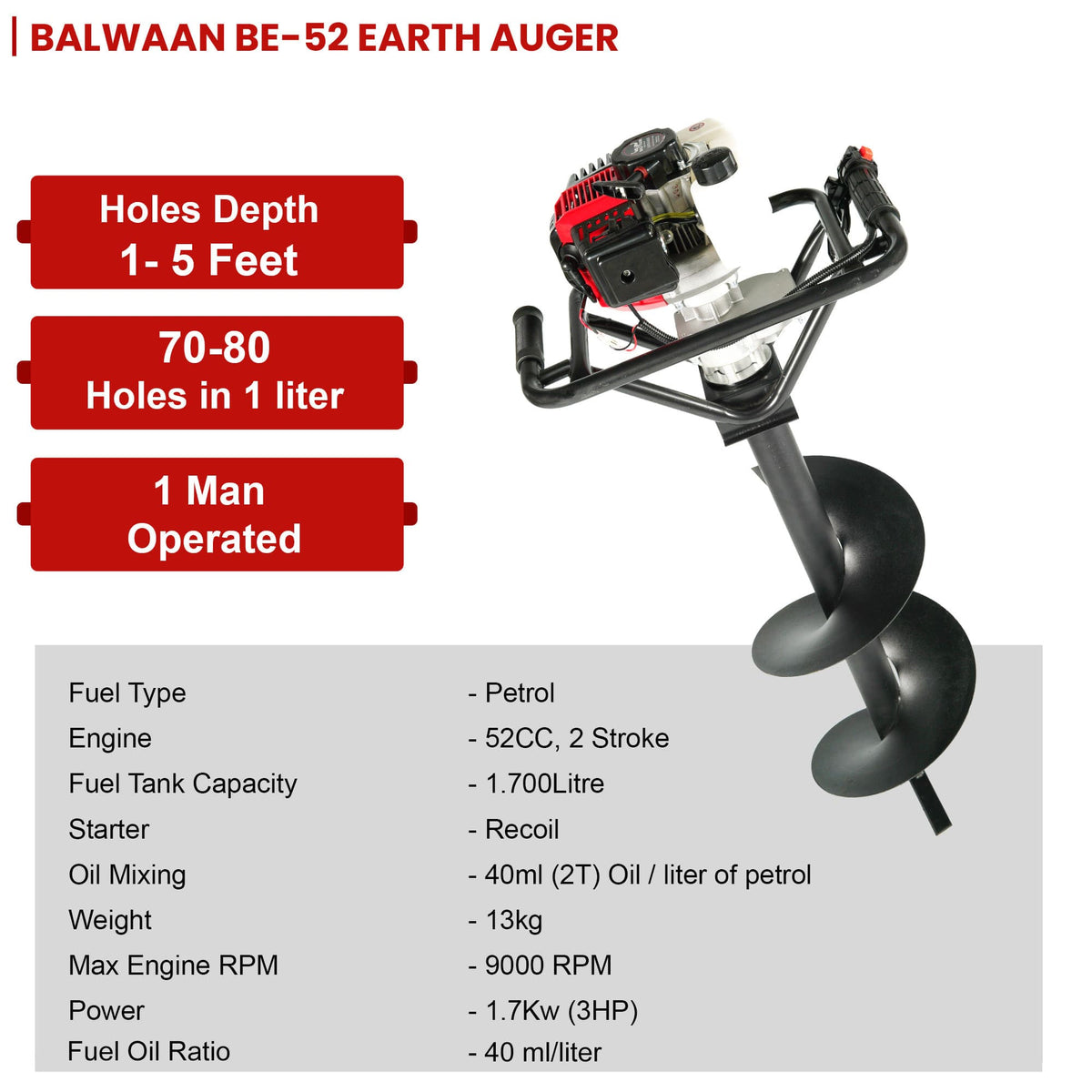 Balwaan Earth Auger BE-52 with 8inch and 12inch Bits