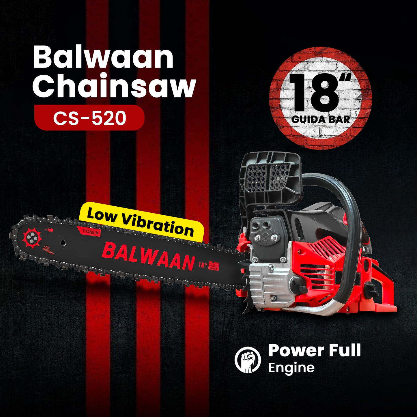Balwaan Petrol Chainsaw| 52cc 2-Stroke Engine | 18 inch Guide Bar |CS-520