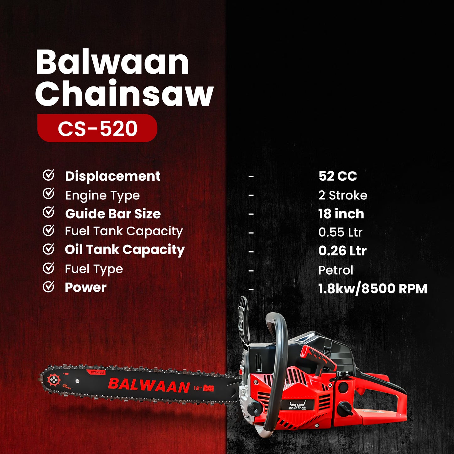 Balwaan Petrol Chainsaw| 52cc 2-Stroke Engine | 18 inch Guide Bar |CS-520