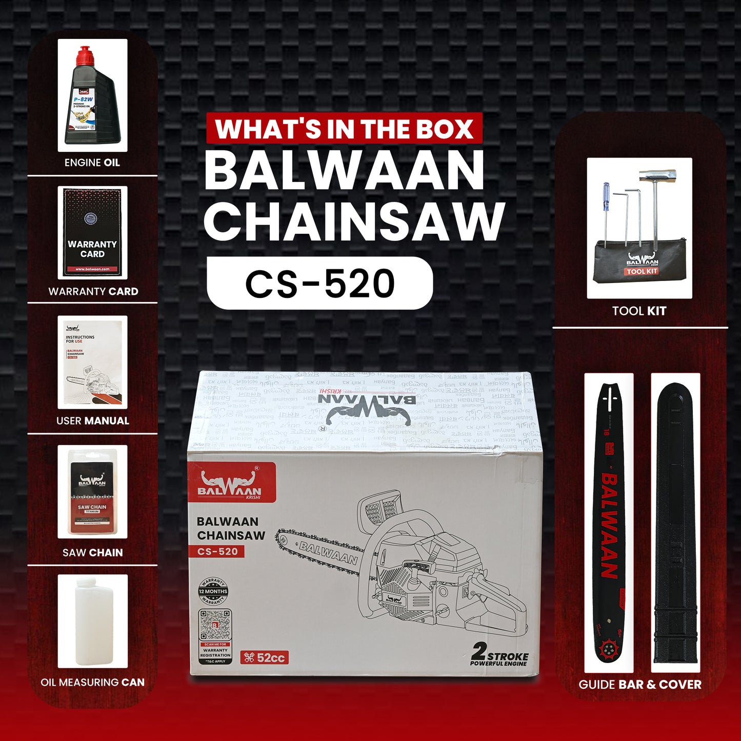 Balwaan Petrol Chainsaw| 52cc 2-Stroke Engine | 18 inch Guide Bar |CS-520