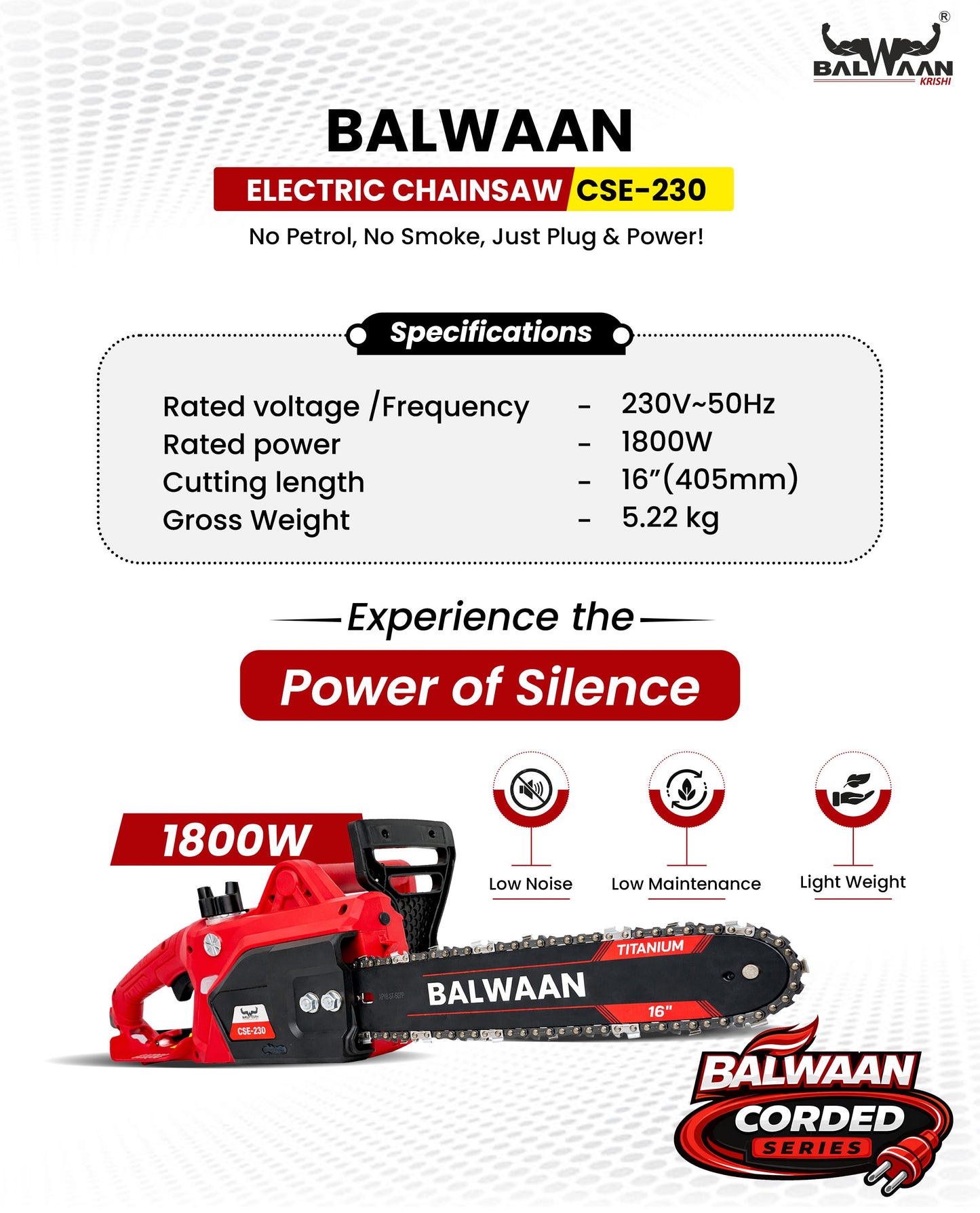 Balwaan Krishi Electric 16 Inch Chain Saw Machine for Wood Cutting | Heavy Duty Electric Chainsaw 1800W | High Power Tree & Wood Cutter for Gardening, Farm & Home Use | CSE-230