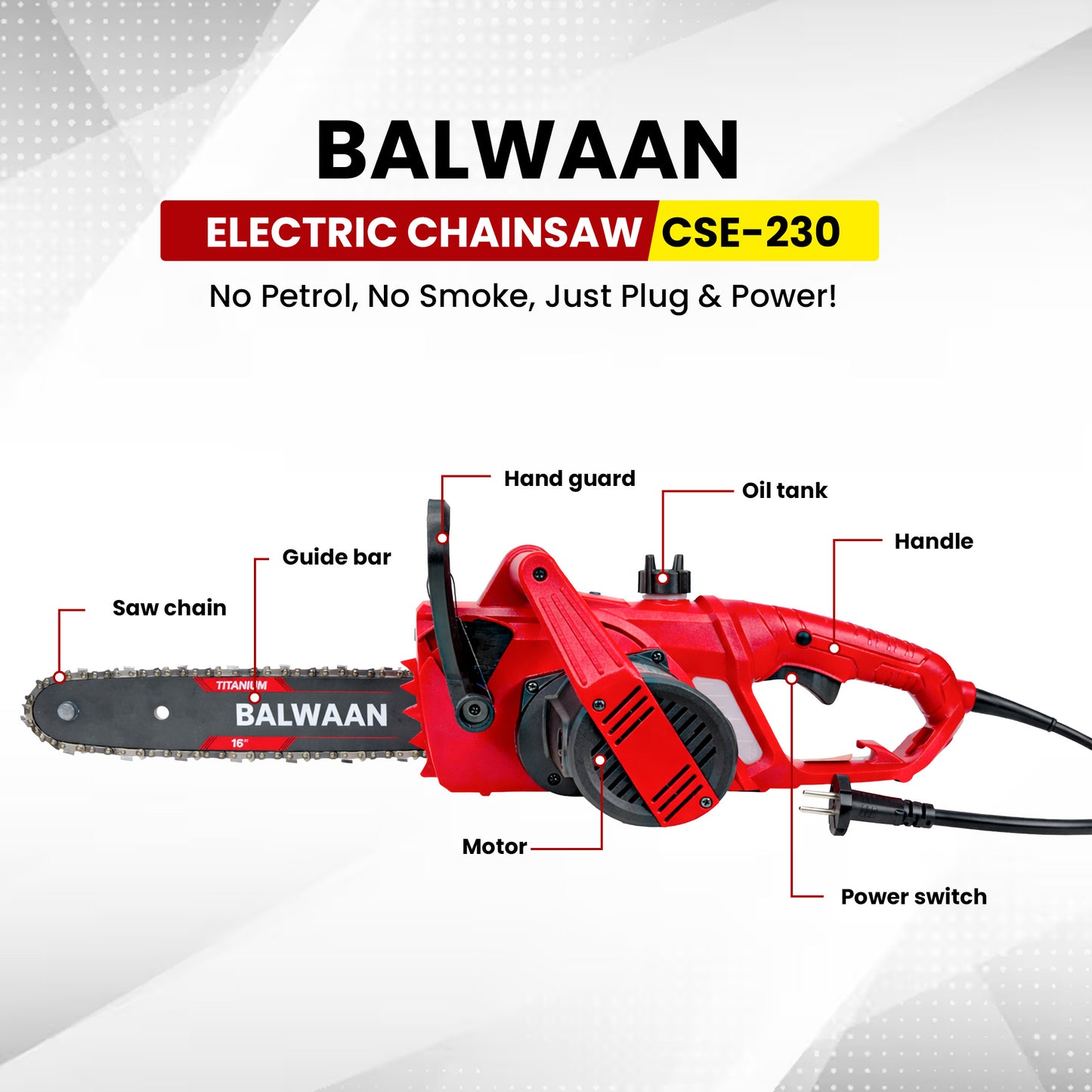 Balwaan Krishi Electric 16 Inch Chain Saw Machine for Wood Cutting | Heavy Duty Electric Chainsaw 1800W | High Power Tree & Wood Cutter for Gardening, Farm & Home Use | CSE-230