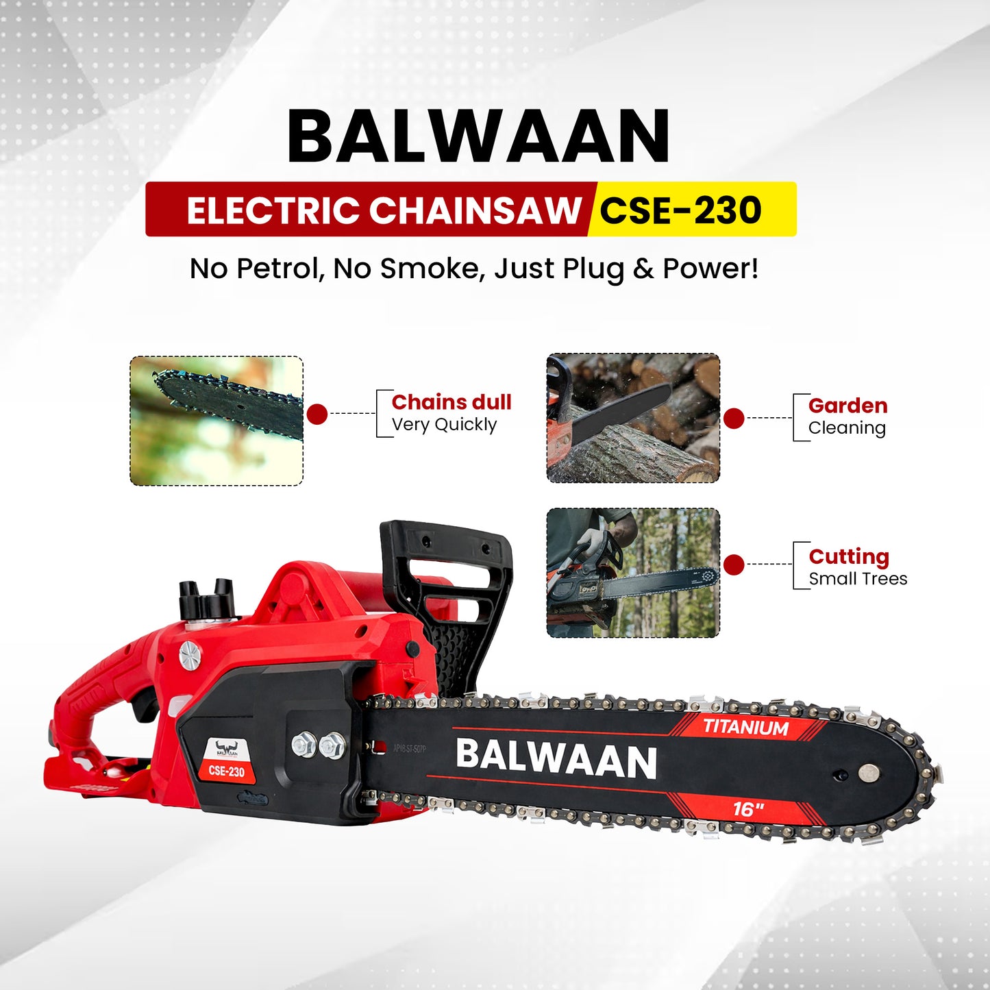 Balwaan Krishi Electric 16 Inch Chain Saw Machine for Wood Cutting | Heavy Duty Electric Chainsaw 1800W | High Power Tree & Wood Cutter for Gardening, Farm & Home Use | CSE-230
