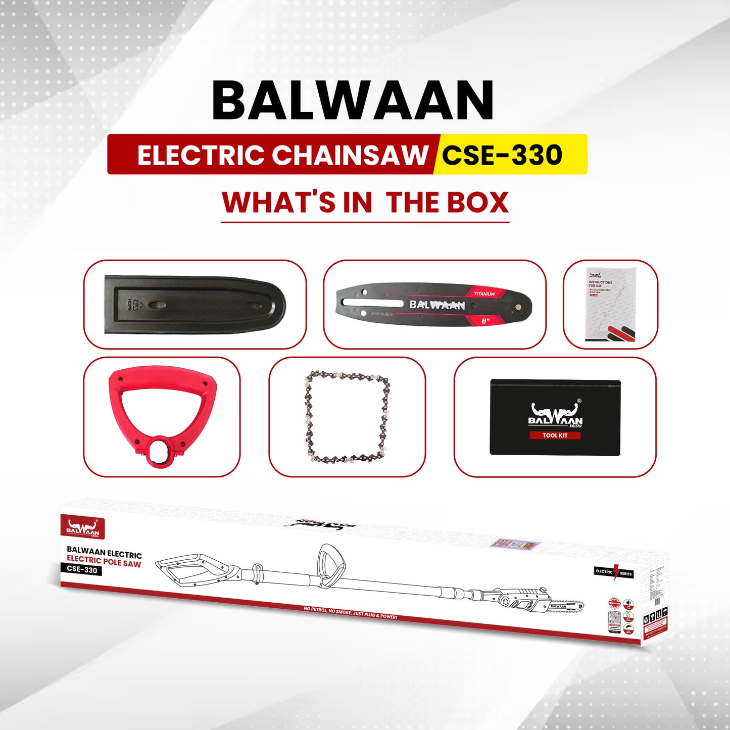 Balwaan Krishi Electric Pole Saw | 710W Powerful Motor | 8-Inch Guide Bar | 3-Step Adjustable Head | Electric Tree Pruner Machine for Garden Cleaning & Small Tree Cutting | CSE-330