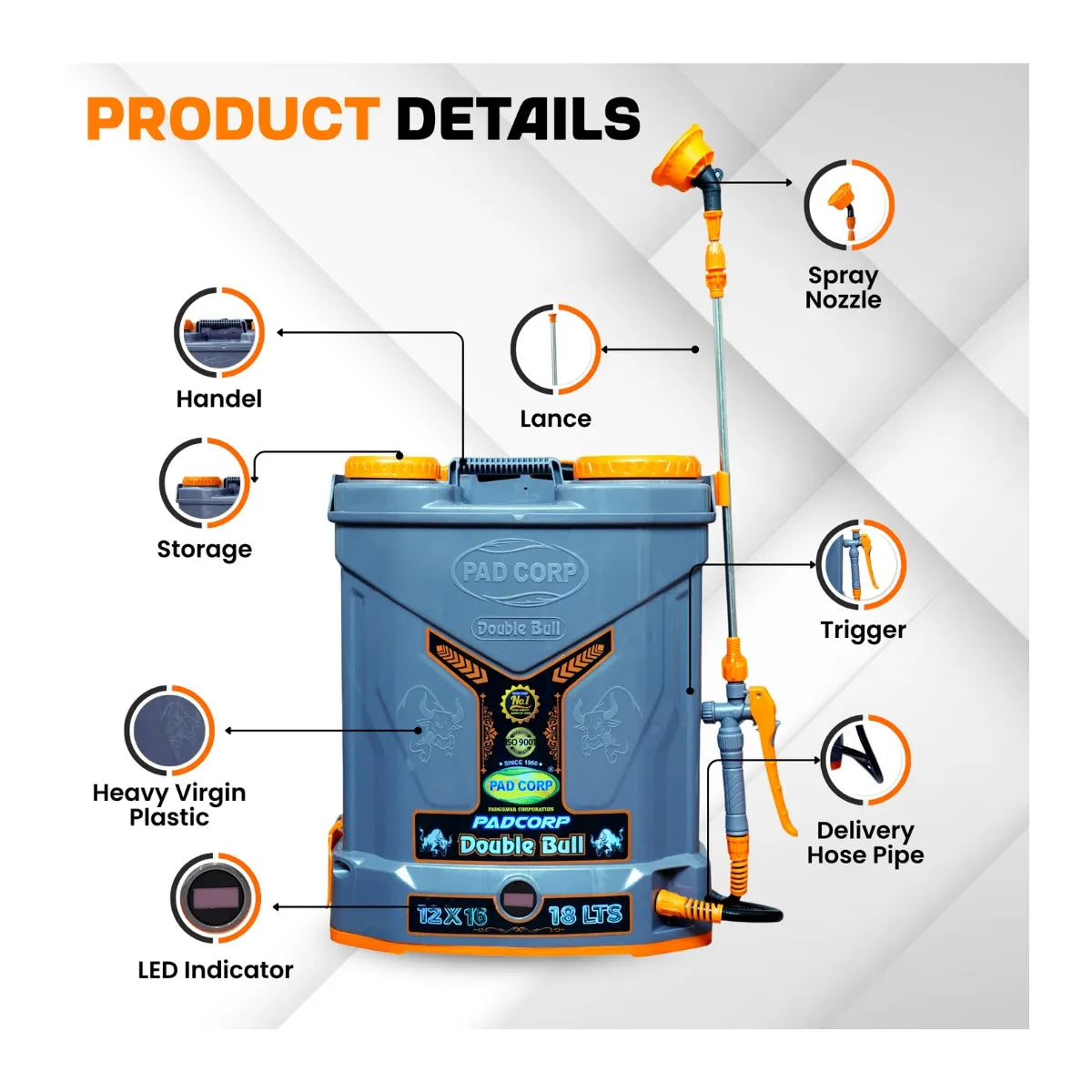 Pad Corp New Double Bull Battery Sprayer, 18L Tank, 12Vx16AH Battery