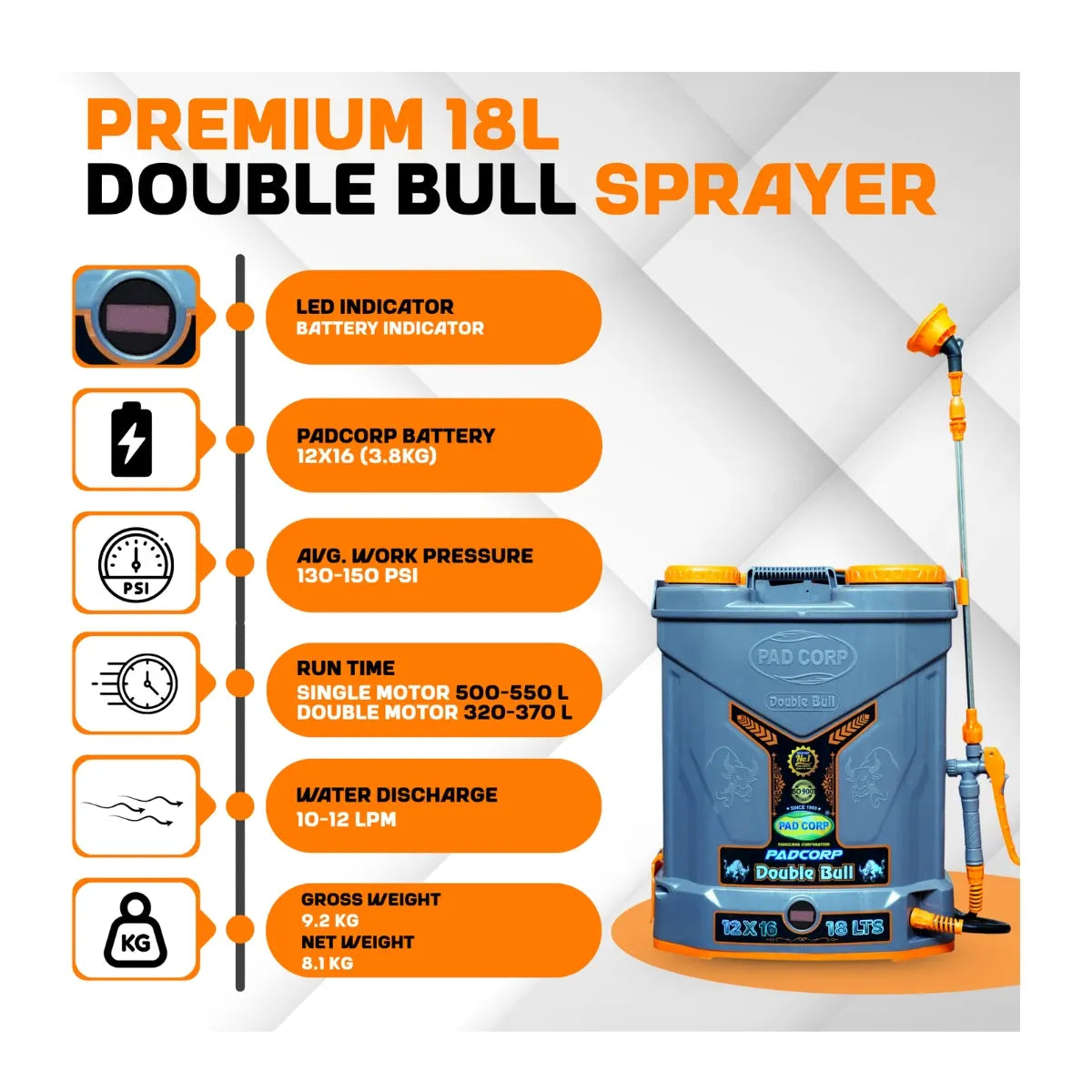 Pad Corp New Double Bull Battery Sprayer, 18L Tank, 12Vx16AH Battery