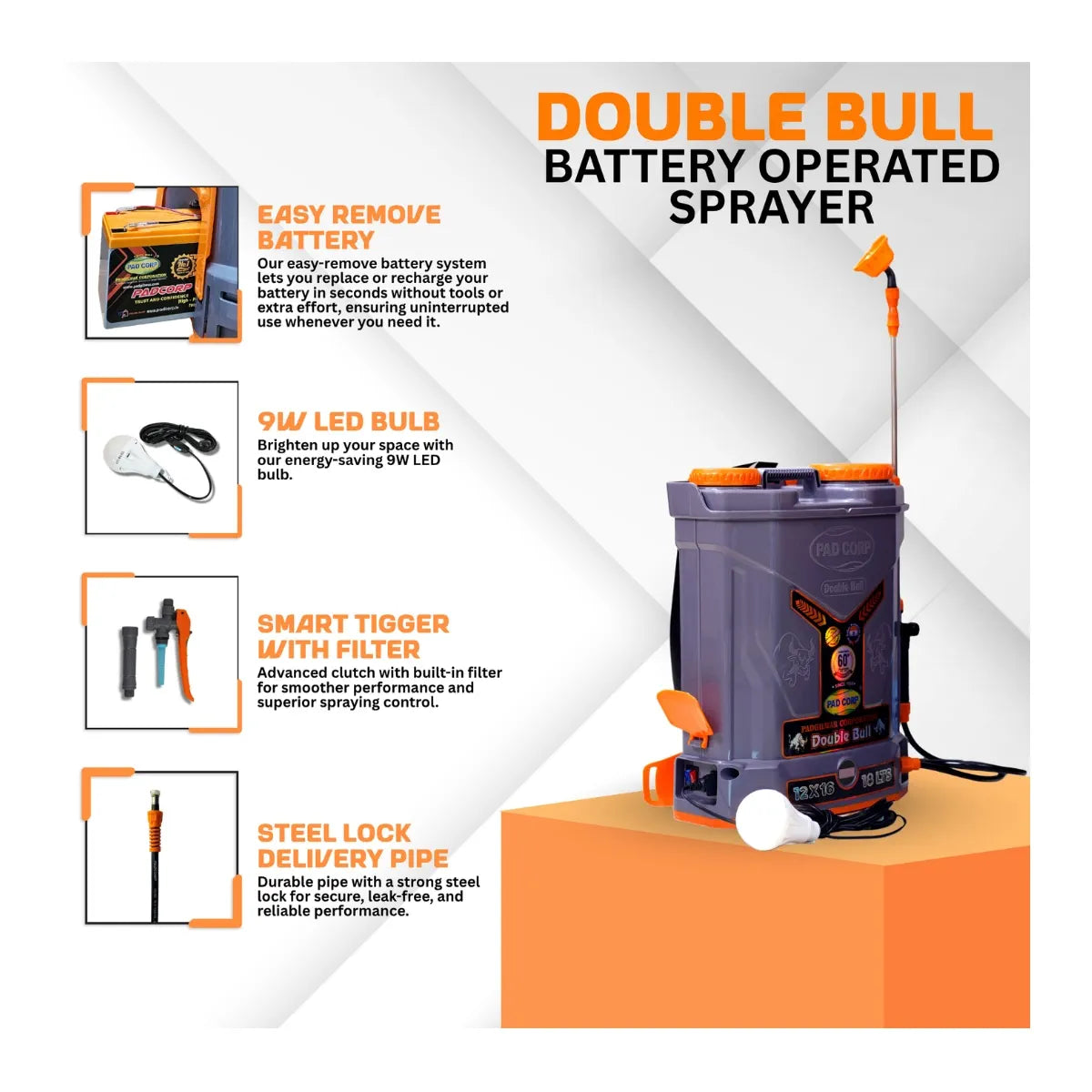 Pad Corp New Double Bull Battery Sprayer, 18L Tank, 12Vx16AH Battery