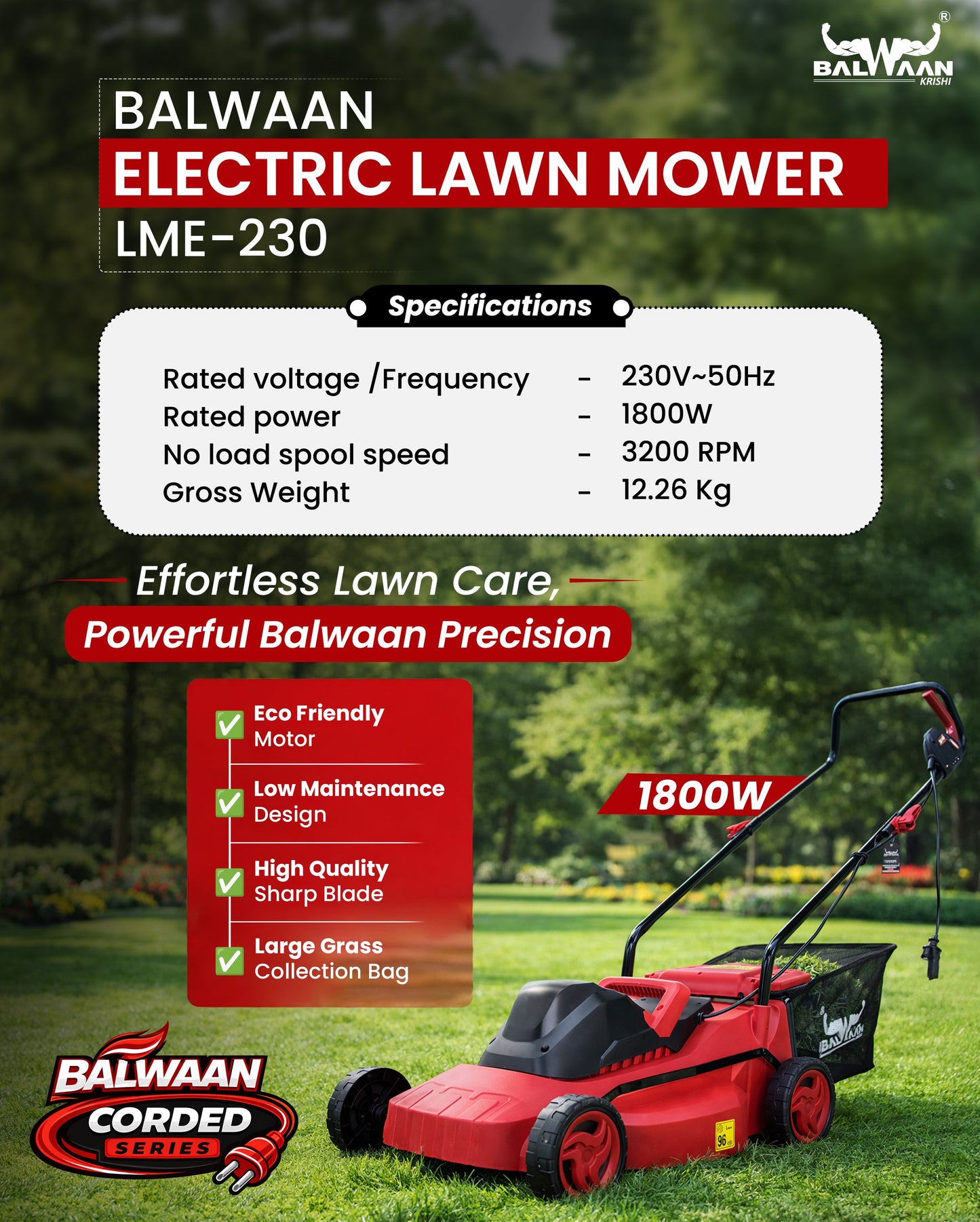 Balwaan Krishi Electric Lawn Mower |1800W Heavy Duty Electric Grass Cutter Machine | 16 Inch Lawn Mower for Garden & Home | 40L Grass Catcher | Lawn Grass Cutting Machine | 12 Months Warranty LME-230