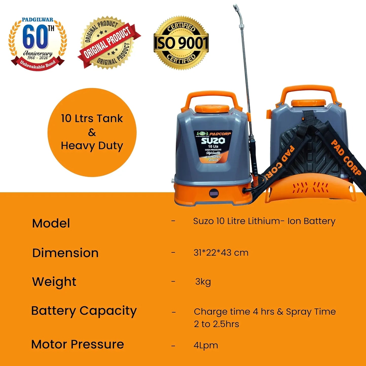 Pad Corp Lithium Suzo 10 Liter Battery Sprayer Tank Capacity