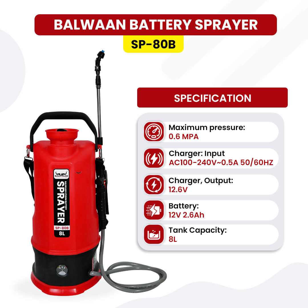 Balwaan Li-ion Battery Sprayer (8 Liters) SP-80B | 12 Volts x 2.6 Ampere Battery Garden Spray Pump, 8 Litre Tank Capacity Suitable for Garden Pest Control, Agricultural Sprayer Pump for Farm